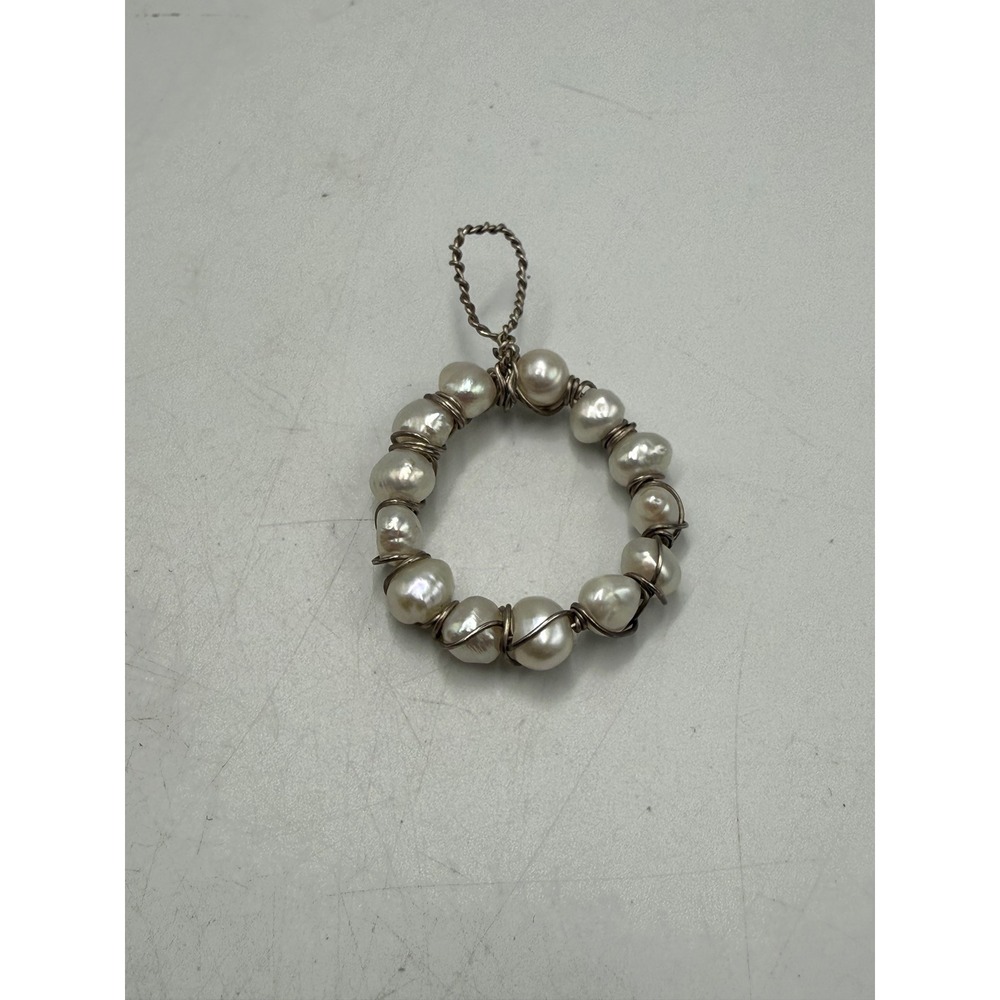 Artisan Wire Wrapped Pearl Wreath Pendant White Freshwater Pearl Charm Silver